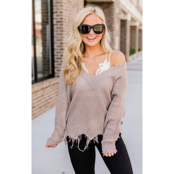 Pink Lily Sweaters - pink lily taupe distressed sweater
